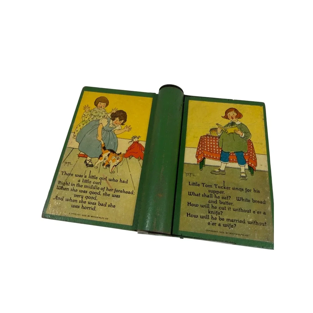 VTG Bookie-Blox Mother Goose Nursery Rhyme Wooden Block Book Green‎ 1922